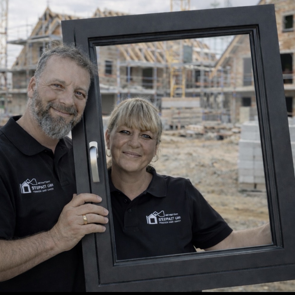 Janet und Jens Steppat halten ein dunkles Fenster vor einem Neubau in die Kamera